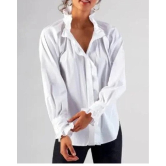 Finley Frankie Silky Poplin Button Up Top Ruffle Ruched Long Sleeve Blouse White - Picture 1 of 5